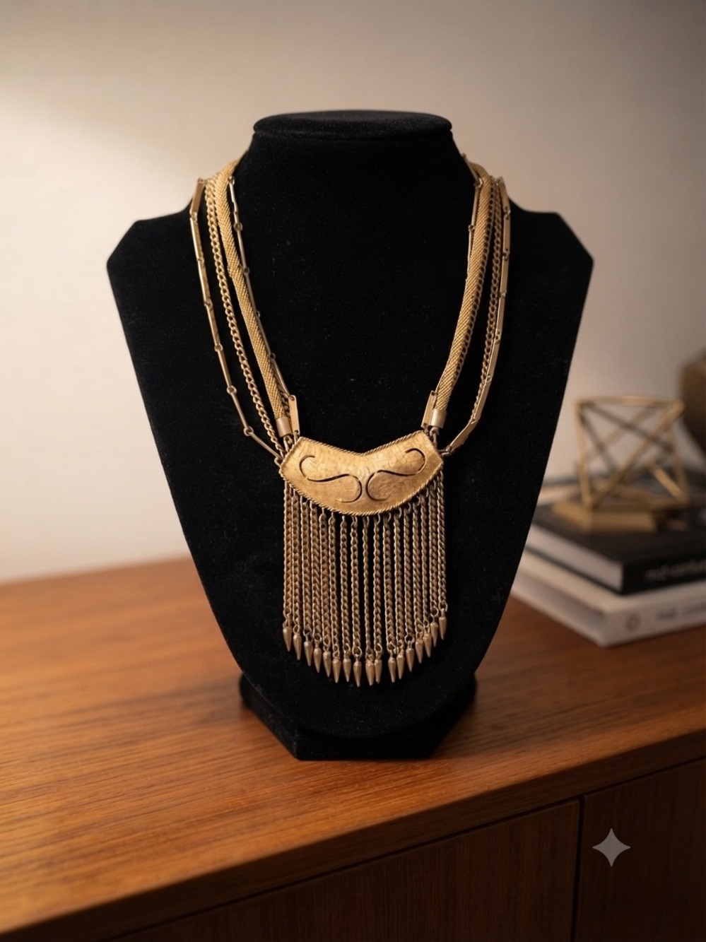 MCM 1950s vintage designer TAN , Gold-Tone Multi-Chain Fringe Statement Necklace - Picture 2 of 7